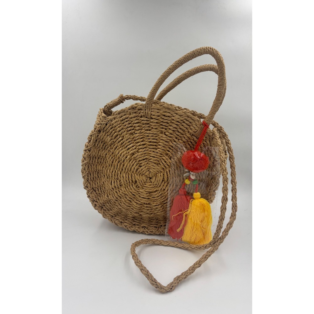 NWT Carlos by Carlos Santana Round Straw Crossbody Bag Tan Woven Tassel New